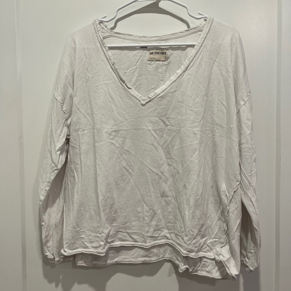 We The Free Free People White V-Neck Long Sleeve Slub Cotton Top Small